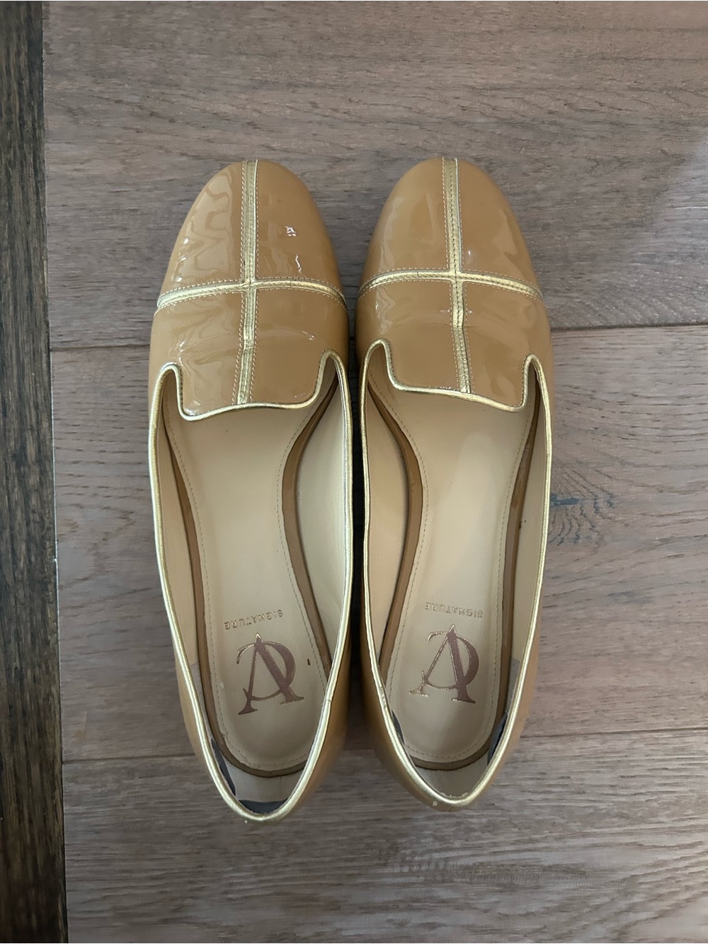 Patent Leather Tan Flats with Gold Trim - Vince Camuto